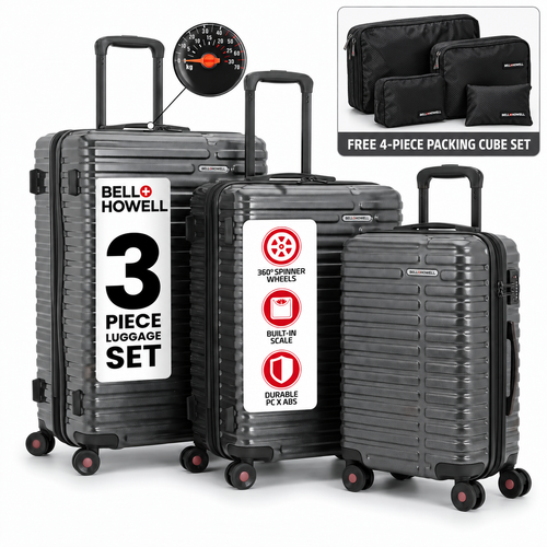 Bell + Howell three-piece luggage set with built-in scale and free four-piece packing cube set